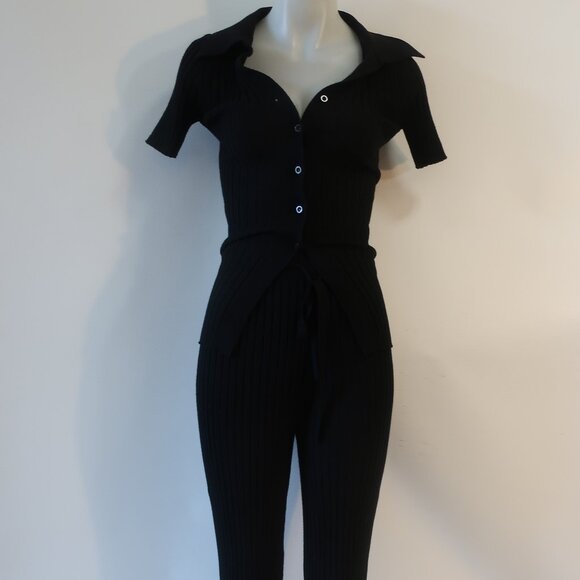 Womens California Inspired Black 2-Pc Set Cardigan Top & Drawstring Pants S - Picture 1 of 15